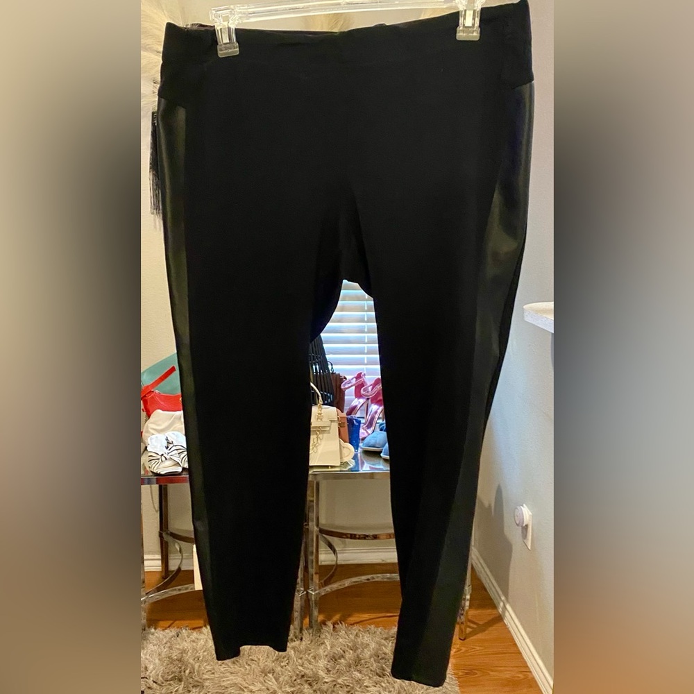 3/$12 - Faded Glory Black Ponte Faux Leather Tuxedo Side Stripe Leggings-XXL